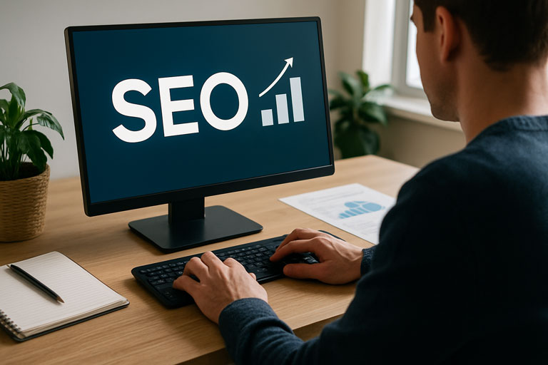 Person bei der SEO-Arbeit bei der SEO Agentur Hamburg an einem Laptop, teilweise im Bild – konzentrierte Einzelsituation, modern und technisch