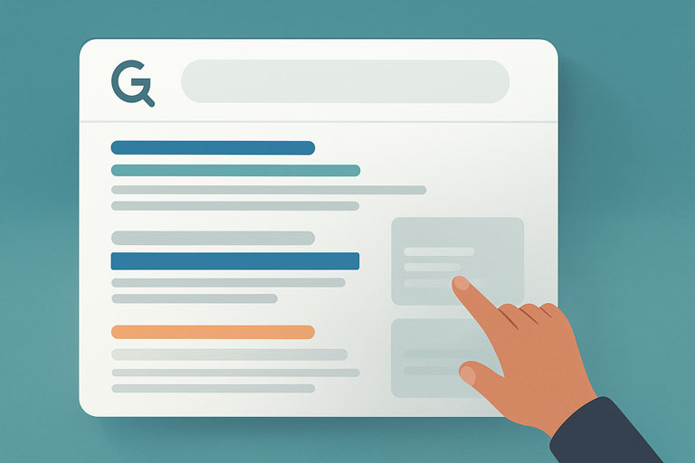 Symbolische Darstellung einer Online-Suche mit Fokus auf Sichtbarkeit in Suchmaschinen – metaphorisch für SEO-Relevanz