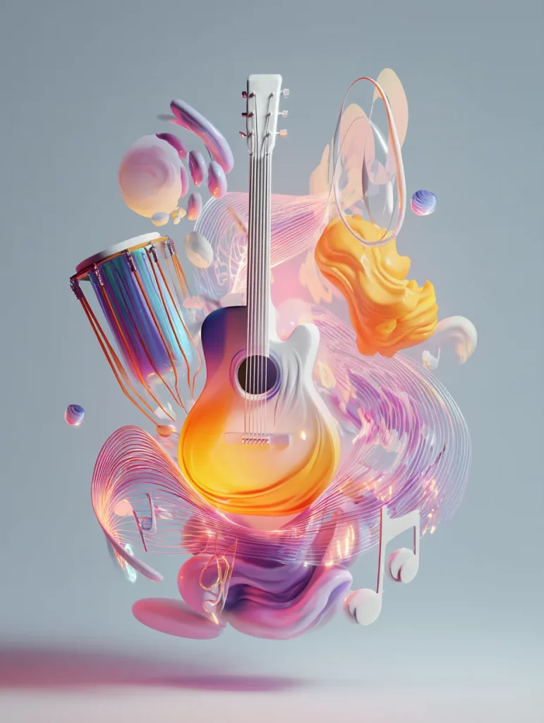 Illustration verschiedener Musikstile: leuchtende Akustikgitarre, bunte Trommel und schwebende Klangformen – symbolisieren die Vielfalt personalisierter Lieder in unterschiedlichen Genres.