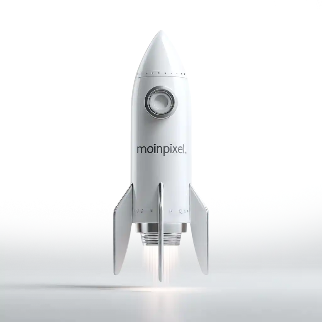 Weiße Rakete mit moinpixel-Branding, die symbolisch für SEO Hamburg-Wachstum, steigende Rankings und digitale Sichtbarkeit steht. Minimalistisches, modernes Design.