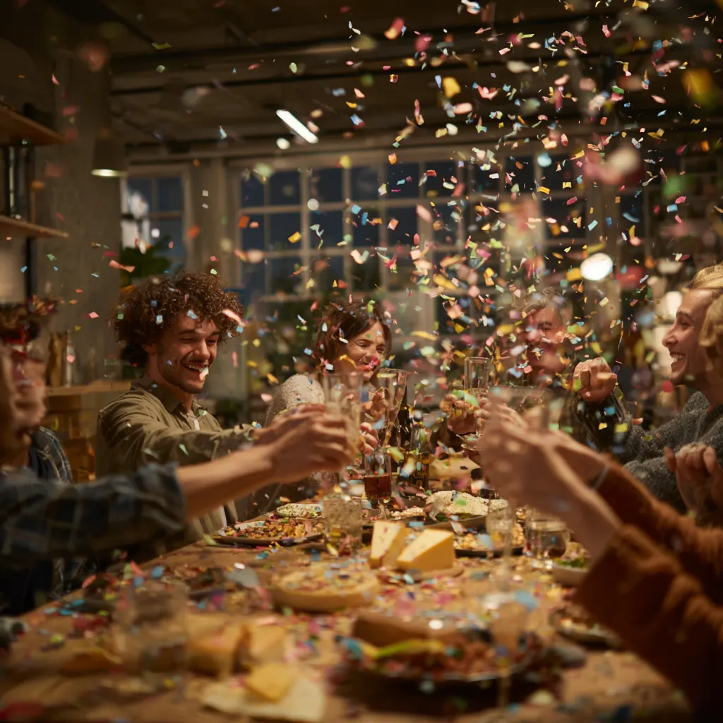 Gruppe fröhlicher Menschen feiert gemeinsam einen Geburtstag, während Konfetti durch die Luft fliegt. Festliche Stimmung an einem gedeckten Tisch. Symbolbild für personalisierte Geburtstagslieder.