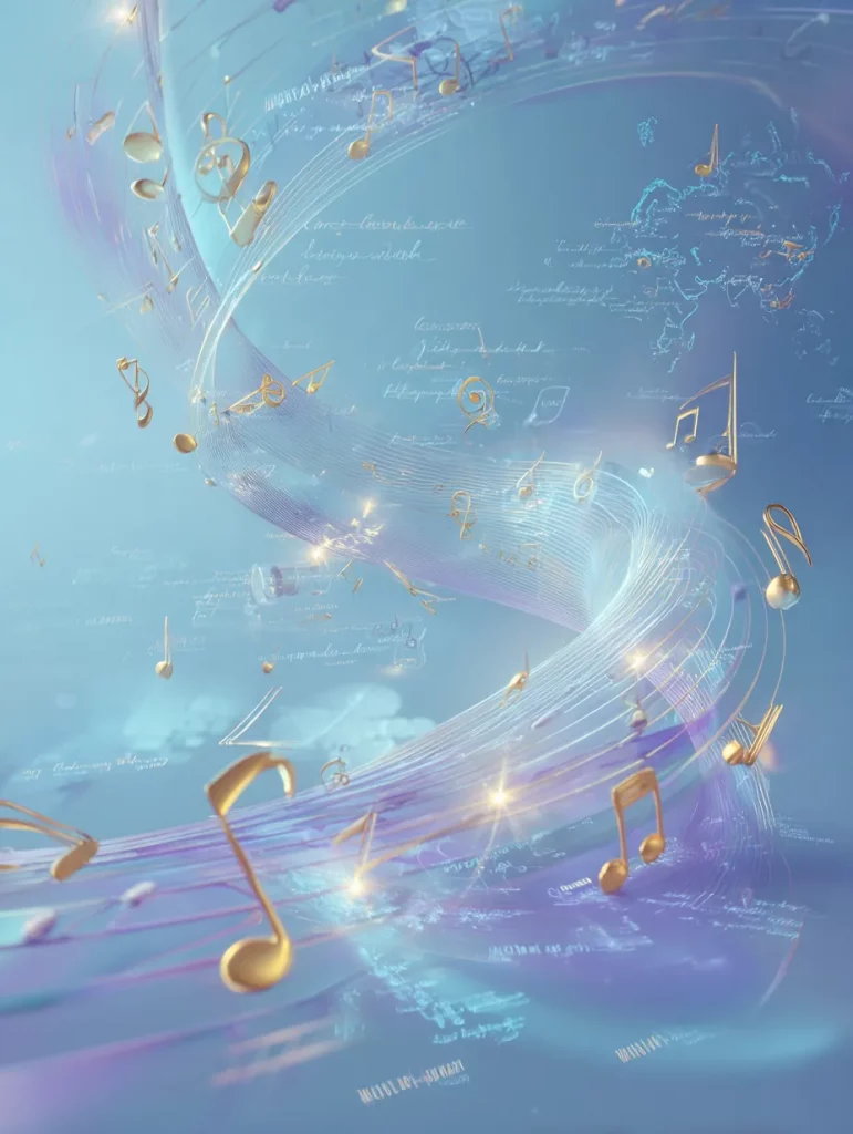 Abstrakte Darstellung von Musiknoten, Lichtlinien und verschiedenen Schriftarten vor einer Weltkarte – symbolisiert personalisierte Lieder in mehreren Sprachen.