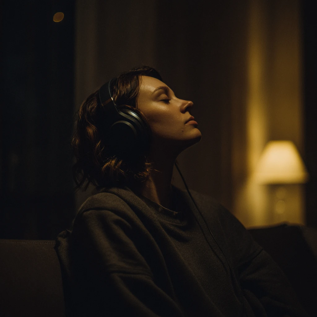 Emotionale Frau hört personalisiertes Liebeslied über Kopfhörer