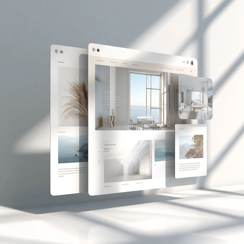 Schwebende, minimalistische Website-Layouts in hellem Studiolicht, symbolisch für modernes Webdesign, UX/UI-Gestaltung und digitale Markenauftritte.
