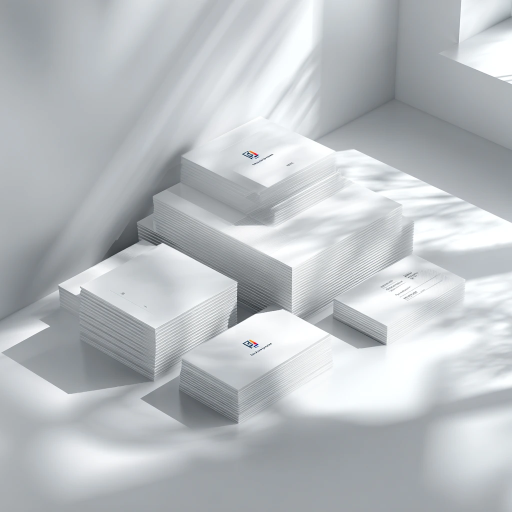 Stapel aus hochwertigen, minimalistischen Flyern und Visitenkarten in hellem Studiolicht, symbolisch für professionelles Printdesign und Corporate Branding.