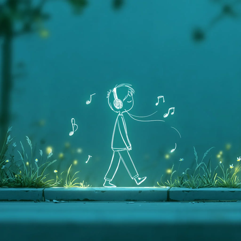 Leuchtende Strichillustration eines Kindes mit Kopfhörern, das fröhlich einen Weg entlangläuft, umgeben von Musiknoten und sanften Lichtpunkten. Symbolbild für personalisierte Geburtstagslieder.