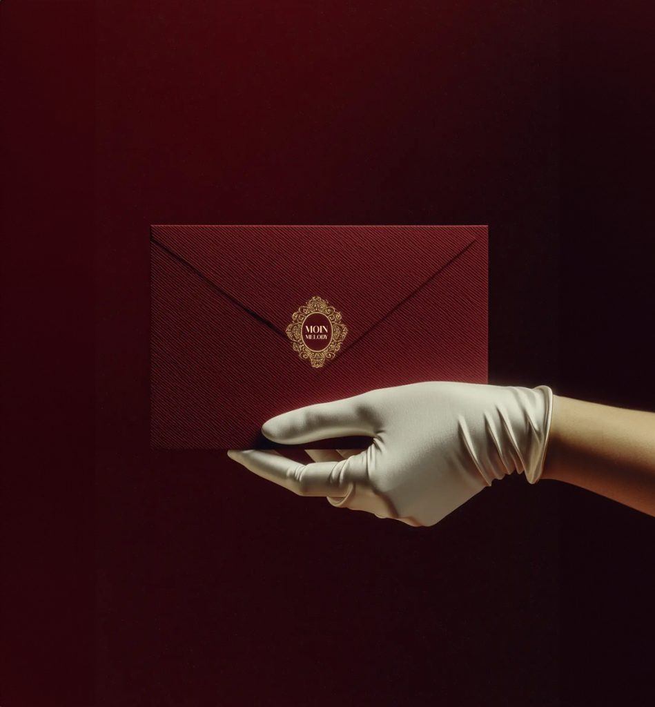 Hand mit weißem Handschuh hält einen edlen roten Umschlag mit moinmelody-Siegel – Symbol für personalisierte Songs mit Expresslieferung in 24 Stunden.