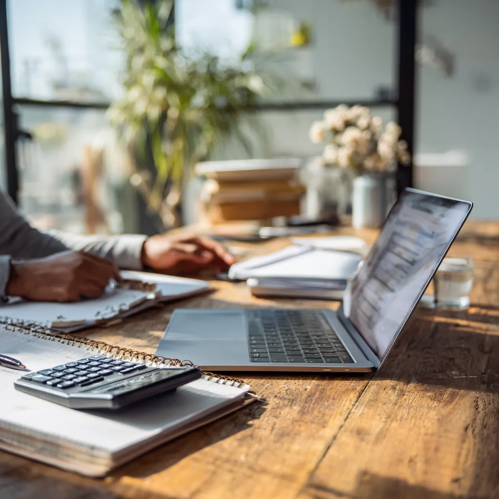Finanzplanung für günstige Website Erstellung mit Laptop, Notizbuch und Rechner, planbare Kosten für Selbstständige und Gründer