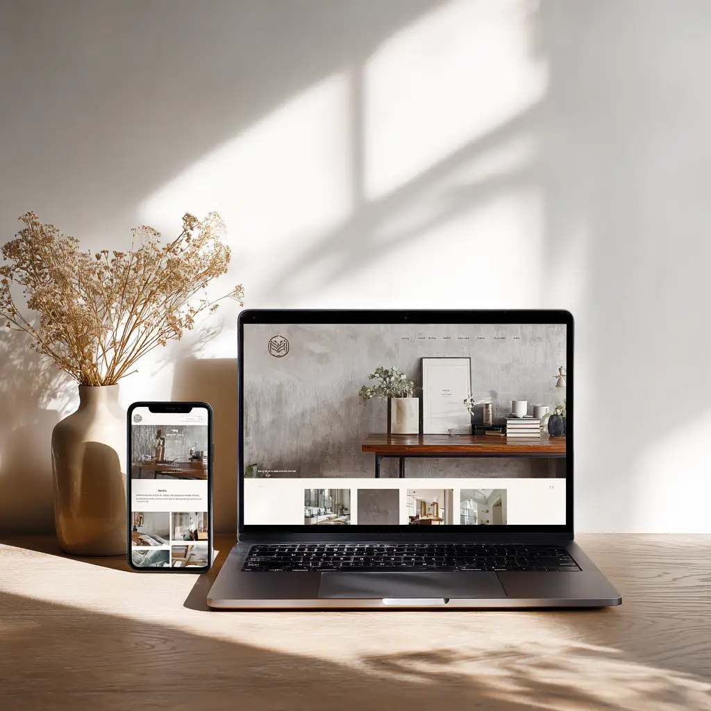 Günstige Website erstellen lassen als moderner Onepager mit Laptop und Smartphone Darstellung, mobil optimiert und professionell gestaltet