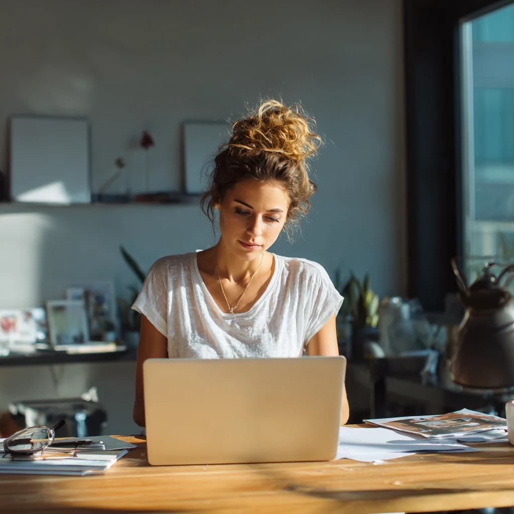 Selbstständige arbeitet am Laptop an einer günstigen Website, moderner Onepager für kleine Unternehmen und Gründer
