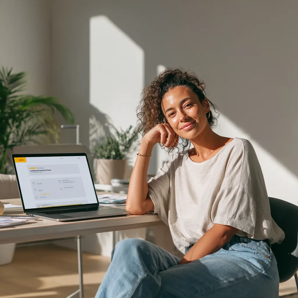Entspannter Start bei günstiger Website Erstellung, Selbstständige sitzt ruhig am Laptop ohne Technikaufwand