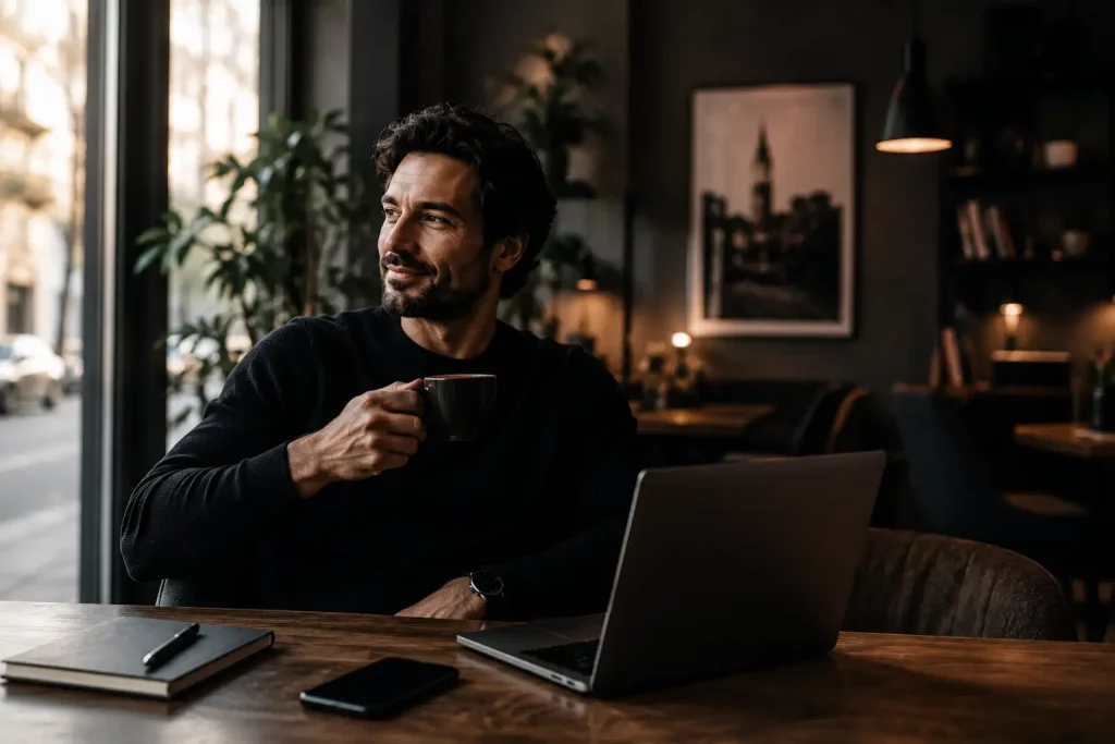 Unternehmer am Laptop bei der Planung seines digitalen Auftritts